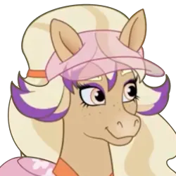 Size: 1280x1280 | Tagged: safe, artist:cupute, derpibooru import, edit, edited screencap, screencap, earth pony, horse, bailey (wild manes), blonde hair, blonde mane, bust, clothes, concerned, discord server, emotes, equine, gritted teeth, hat, image, looking to the left, multicolored hair, pink eyes, png, portrait, purple mane, sideways glance, solo, tan coat, teeth, wild manes