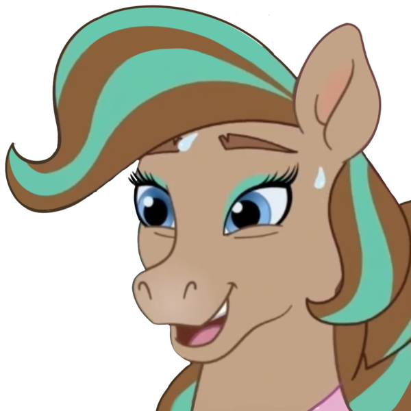 Size: 1280x1280 | Tagged: safe, artist:cupute, derpibooru import, edit, edited screencap, screencap, earth pony, horse, blue eyes, bowtie, brown coat, brown mane, bust, clothes, cocoa (wild manes), discord server, emotes, equine, grin, holding cheek, image, looking at you, multicolored hair, nervous, nervous grin, open mouth, png, portrait, purple mane, scared, smiling, solo, sweat, sweatdrop, sweatdrops, wild manes, worried