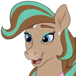 Size: 1280x1280 | Tagged: safe, artist:cupute, derpibooru import, edit, edited screencap, screencap, earth pony, horse, blue eyes, bowtie, brown coat, brown mane, bust, clothes, cocoa (wild manes), discord server, emotes, equine, grin, holding cheek, image, looking at you, multicolored hair, nervous, nervous grin, open mouth, png, portrait, purple mane, scared, smiling, solo, sweat, sweatdrop, sweatdrops, wild manes, worried