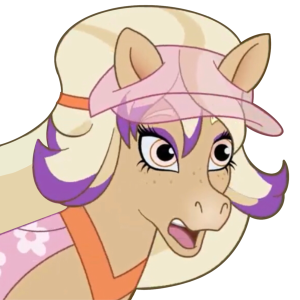 Size: 1280x1280 | Tagged: safe, artist:cupute, derpibooru import, edit, edited screencap, screencap, earth pony, horse, bailey (wild manes), blonde hair, blonde mane, bust, clothes, concerned, discord server, emotes, equine, exclamation point, hat, image, looking at you, multicolored hair, pink eyes, png, portrait, purple mane, solo, tan coat, wild manes