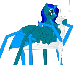 Size: 1968x1730 | Tagged: safe, artist:billy2345, derpibooru import, edit, edited screencap, screencap, oc, oc:amberlue, oc:percy, unofficial characters only, drider, earth pony, monster pony, original species, pony, spiderpony, unicorn, cocoon, duo, duo female, earth pony oc, female, glasses, heart, horn, image, mare, not a vector, png, simple background, smiling, spider web, story included, transparent background, unicorn oc, wrapped up, wrapping