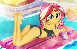 Size: 4086x2635 | Tagged: suggestive, alternate version, artist:charliexe, derpibooru import, sunset shimmer, equestria girls, g4, ass, bag, barefoot, beach ball, bikini, bikini bottom, bikini top, bunset shimmer, butt, chips, clothes, feet, female, food, image, jpeg, lying down, prone, solo, solo female, sultry pose, swimming pool, swimsuit, the pose, water