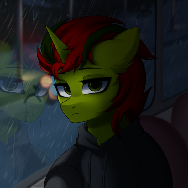 Size: 2000x2000 | Tagged: safe, artist:alunedoodle, derpibooru import, oc, oc:blobel, unofficial characters only, pony, unicorn, bust, clothes, hoodie, horn, image, looking at you, male, png, portrait, rain, reflection, sad, solo, two toned mane