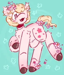 Size: 1548x1810 | Tagged: safe, artist:tottallytoby, derpibooru import, oc, oc:sakurako, unofficial characters only, earth pony, pony, abstract background, art fight, artfight, belly fluff, blonde mane, blonde tail, blushing, bobcut, brown hooves, cherry blossoms, chest fluff, colored, colored hooves, ear tufts, facial markings, female, flat colors, flower, flower blossom, flower in hair, flower in tail, gift art, gradient legs, hock fluff, hooves, image, leg fluff, looking down, mare, open mouth, open smile, pink coat, pink eyes, png, raised hoof, raised leg, shiny hooves, short hair, short mane, short tail, shoulder fluff, smiling, solo, standing on two hooves, tail, thin legs, unshorn fetlocks, wavy tail, white pupils