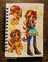 Size: 3072x3960 | Tagged: safe, artist:dariarchangel, derpibooru import, sunset shimmer, human, pony, unicorn, equestria girls, g4, boots, bust, choker, clothes, cute, denim, ear piercing, eared humanization, earring, female, hand on chin, horn, humanized, image, jeans, jewelry, jpeg, long hair, makeup, mare, my little pony equestria girls: friendship games, pants, photo, piercing, ponied up, portrait, raised hoof, shimmerbetes, shoes, sketchbook, solo, standing on two hooves, stars, tail, traditional art, two toned hair, two toned mane, two toned tail