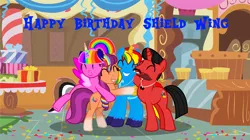 Size: 1600x894 | Tagged: safe, artist:mickey1909, derpibooru import, sunny starscout, oc, oc:mickey motion, oc:rainbow sparkle, oc:shield wing, alicorn, earth pony, unicorn, g4, g5, g5 to g4, generation leap, happy birthday, horn, image, png