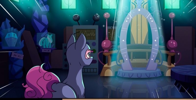 Size: 831x427 | Tagged: safe, artist:alcor, derpibooru import, edit, pinkie pie, earth pony, pony, comic:double trouble (alcor), g4, catsuit, cropped, image, jpeg, looking at something, looking up, ninja, pinkie spy, portal, sneaking, solo, twilight's castle