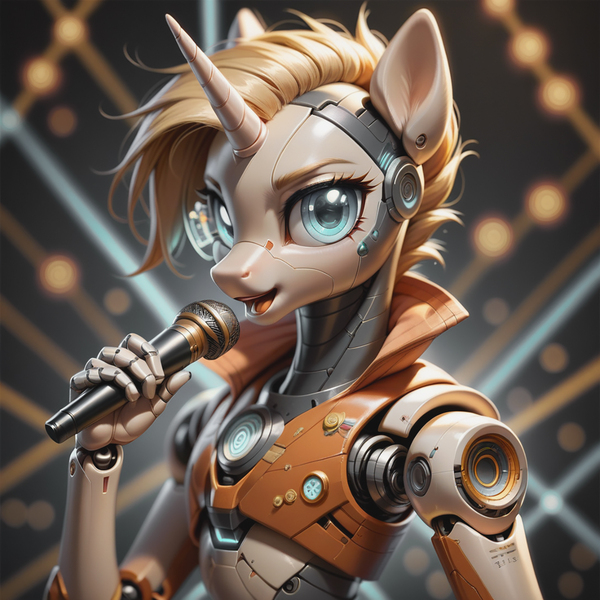 Size: 1400x1400 | Tagged: safe, ai content, derpibooru import, machine learning generated, stable diffusion, oc, unofficial characters only, anthro, pony, robot, robot pony, unicorn, female, generator:pony diffusion v6 xl, gradient background, gynoid, horn, image, jpeg, prompter:teonanakatle, solo, suno