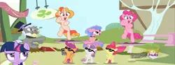 Size: 1914x718 | Tagged: safe, derpibooru import, edit, edited screencap, screencap, apple bloom, pinkie pie, scootaloo, sweetie belle, twilight sparkle, twilight sparkle (alicorn), oc, oc:pizza pie, alicorn, earth pony, pegasus, pony, unicorn, fanfic:full friendship's magic, g4, magical mystery cure, cutie mark crusaders, dancing, horn, hub logo, image, logo, mushroom table, pizza pie, png, ponyville, the hub