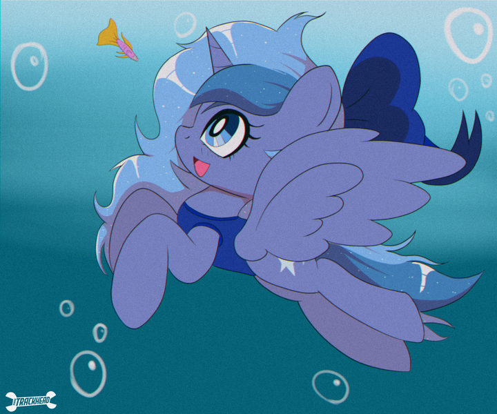 Size: 1440x1200 | Tagged: safe, artist:trackheadtherobopony, derpibooru import, oc, oc:lulu star moonie, alicorn, fish, bow, bubble, clothes, hair bow, image, not luna, one-piece swimsuit, png, solo, swimsuit, underwater, water