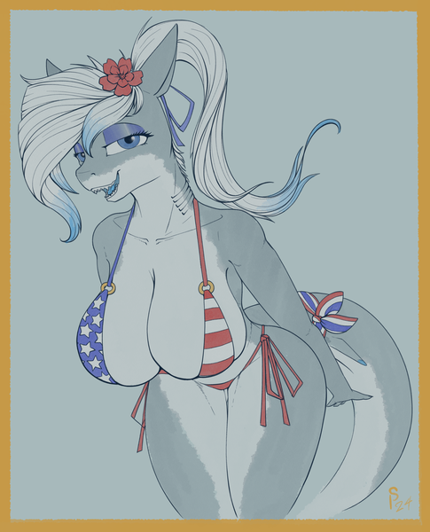 Size: 1900x2350 | Tagged: suggestive, artist:stray prey, derpibooru import, oc, oc:lacera viscera, unofficial characters only, anthro, original species, shark, shark pony, american flag bikini, anthro oc, big breasts, bikini, breasts, cleavage, clothes, female, flag bikini, flower, flower in hair, image, looking at you, png, side-tie bikini, smiling, smiling at you, solo, solo female, swimsuit