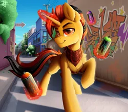 Size: 4000x3500 | Tagged: safe, artist:rainbowfire, derpibooru import, oc, oc:lost soul, unofficial characters only, alicorn, pony, alley, bandana, city, clothes, cute, day, goes, graffiti, handkerchief, image, looking at you, male, paint, png, raised hoof, road, road sign, sky, smiling, solo, spray paint, stallion, sure, tree, tree branch