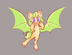 Size: 1975x1504 | Tagged: safe, artist:nemovonsilver, artist:psychotix, derpibooru import, oc, oc:calypso, unofficial characters only, bat pony, alternate hairstyle, bat pony oc, bat wings, coat markings, ear fluff, fangs, gradient eyes, image, png, simple background, slit pupils, smiling, spread wings, wings