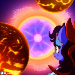 Size: 3070x3070 | Tagged: safe, artist:juniverse, derpibooru import, oc, oc:juniverse, earth pony, colored, explosion, facts, image, looking at something, planet, png, ribbon, solo, space, space pony, stars, type ii supernova, universe daughter