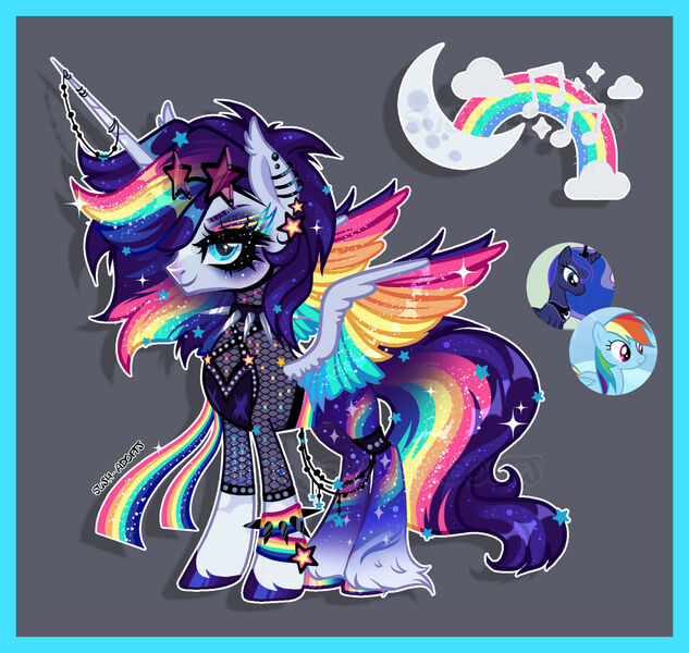 Size: 1280x1213 | Tagged: safe, artist:just-silvushka, derpibooru import, oc, unnamed oc, unofficial characters only, alicorn, g4, adoptable, adoptable open, alicorn oc, anklet, blue eyes, blushing, border, bracelet, chains, choker, clothes, coat markings, colored hooves, colored pinnae, colored wings, cutie mark, ear fluff, ear piercing, ear tufts, earring, ethereal mane, eyeliner, eyeshadow, facial markings, feather, fetlock tuft, fishnet clothing, fishnet shirt, gray background, grey fur, hooves, horn, horn chain, horn jewelry, horn ring, image, jewelry, jpeg, long horn, magical lesbian spawn, makeup, multicolored hair, multicolored mane, multicolored tail, multicolored wings, music notes, narrowed eyes, next generation, nose blush, offspring, parent:princess luna, parent:rainbow dash, parents:lunadash, piercing, purple eyeshadow, purple hooves, purple mane, purple tail, rainbow eyeshadow, rainbow hair, rainbow hooves, rainbow ribbon, rainbow tail, rainbow wings, rainbow wristband, ribbon, ring, shadow, shiny hooves, shiny mane, shiny tail, shirt, signature, simple background, snip (coat marking), socks (coat marking), solo, sparkles, sparkly coat, sparkly mane, sparkly tail, spiked choker, spiked wristband, spread wings, standing, star earring, star sunglasses, starry coat, starry mane, starry tail, stars, stripes, sunglasses, sunglasses on head, tail, teal eyes, unshorn fetlocks, wings, wristband