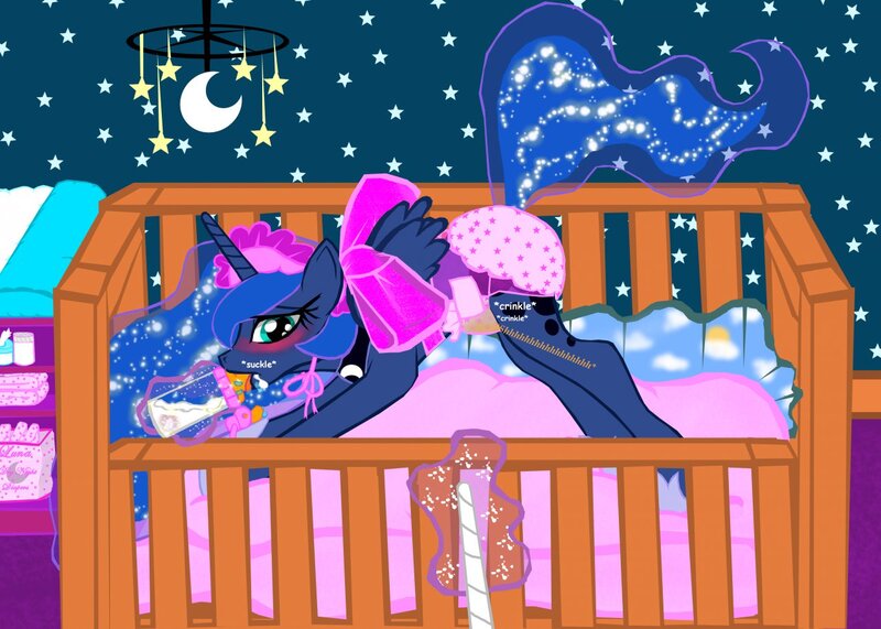 Size: 1280x913 | Tagged: questionable, artist:cuddlelamb, derpibooru import, princess celestia, princess luna, alicorn, pony, g4, baby bottle, baby powder, baby wipes, blanket, blushing, bonnet, bow, crib, crib mobile, diaper, diaper fetish, diaper package, diaper punishment, drink, drool, ethereal mane, fetish, hoof shoes, image, jewelry, jpeg, magic, magic aura, messy drinking, mobile, non-baby in diaper, offscreen character, onomatopoeia, open mouth, pacifier, peytral, princess shoes, punishment, raised tail, regalia, sound effects, spread wings, stars, tail, telekinesis, wet diaper, wings