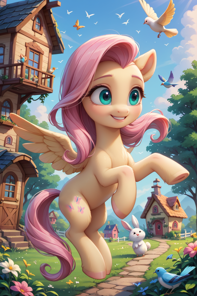 Size: 768x1152 | Tagged: safe, ai content, artist:tayblossom, derpibooru import, machine learning generated, prompter:tayblossom, fluttershy, bird, butterfly, insect, pegasus, rabbit, animal, cottage, image, png, solo