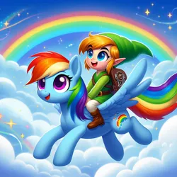 Size: 1024x1024 | Tagged: safe, ai content, derpibooru import, machine learning generated, prompter:user15432, rainbow dash, hylian, pegasus, pony, g4, cloud, crossover, cute, flying, generator:bing image creator, generator:dall-e 3, image, jpeg, link, nintendo, rainbow, riding, the legend of zelda, toon link, wrong cutie mark