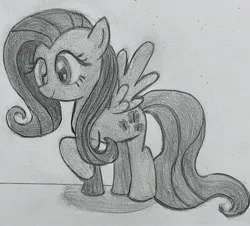 Size: 2108x1903 | Tagged: safe, anonymous artist, derpibooru import, fluttershy, pegasus, g4, female, image, jpeg, monochrome, raised hoof, simple background, sketch, smiling, solo, traditional art, wings