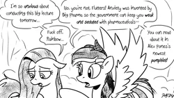 Size: 1200x675 | Tagged: safe, artist:pony-berserker, derpibooru import, fluttershy, rainbow dash, pegasus, pony, anxiety, anxious, big pharma, conspiracy dash, conspiracy theory, image, implied alex jones, png, pony-berserker's twitter sketches (2024)