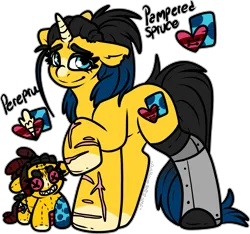 Size: 1983x1855 | Tagged: safe, artist:sexygoatgod, derpibooru import, oc, oc:pampered spruce, oc:perepru, original species, plush pony, pony, unicorn, amputee, female, horn, image, mare, plushie, png, prosthetic leg, prosthetic limb, prosthetics, self paradox, self ponidox, simple background, transparent background