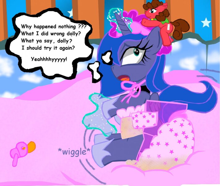 Size: 1280x1080 | Tagged: questionable, artist:cuddlelamb, derpibooru import, princess luna, alicorn, earth pony, pony, g4, age regression, blanket, blushing, bonnet, clothes, crib, diaper, diaper fetish, doll, female, fetish, filly, filly luna, folded wings, glow, glowing horn, horn, image, jewelry, jpeg, magic, magic aura, non-baby in diaper, onomatopoeia, open mouth, pacifier, regalia, sitting, sound effects, toy, wet diaper, wings, woona, younger