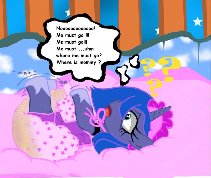 Size: 1280x1080 | Tagged: questionable, artist:cuddlelamb, derpibooru import, princess luna, alicorn, pony, g4, age regression, blanket, blushing, bonnet, clothes, crib, diaper, diaper fetish, female, fetish, filly, filly luna, folded wings, image, jewelry, jpeg, lying down, non-baby in diaper, onomatopoeia, pacifier, question mark, regalia, sound effects, wet diaper, wings, woona, younger