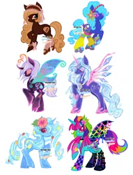 Size: 2060x2690 | Tagged: safe, artist:eyerealm, artist:junglicious64, derpibooru import, oc, oc:requiem, oc:spritzy spray, unnamed oc, unofficial characters only, alicorn, bat pony, butterfly, butterfly pony, crystal pony, earth pony, hybrid, insect, original species, pony, unicorn, water pony, aerobics, alicorn oc, antennae, arm warmers, bangs, bat pony oc, bat wings, big eyes, blue coat, blue eyelashes, blue eyeshadow, blue mane, blue sclera, blue tail, bobcut, boots, bracelet, brown coat, brown mane, brown socks, brown tail, butterfly wings, checkered socks, choker, circlet, clothes, collaboration, colored ears, colored eartips, colored eyelashes, colored horn, colored legs, colored pupils, colored sclera, colored wings, commission, crystal, crystal alicorn, crystal eyes, crystal horn, crystal pony oc, crystal shoes, crystal wings, curly mane, curly tail, curved horn, dark coat, demonias, ear piercing, earring, earth pony oc, ethereal mane, ethereal tail, eyelashes, eyeshadow, fangs, flower, flower on ear, flowing mane, flowing tail, food, frilly socks, frutiger aero, gradient, gradient legs, group, hair accessory, hairclip, headband, hibiscus, high res, hoof boots, hoof shoes, hoofless socks, horn, image, in air, jewelry, kneesocks, leg warmers, lidded eyes, lime, long legs, long mane, long socks, long tail, looking back, looking up, makeup, mane accessory, maneclip, mary janes, mismatched leg warmers, mob cap, multicolored hair, multicolored wings, no mouth, no pupils, orange, orange eyes, orange sclera, peytral, piercing, pink eyelashes, pink pupils, pink sclera, png, princess shoes, profile, purple coat, purple eyeshadow, purple mane, purple tail, rainbow hair, rainbow socks, rainbow tail, raised hoof, raised leg, rearing, red eyelashes, red eyes, ribbon, roller skates, saturated, scene, sextet, shoes, short hair, simple background, skates, smiling, socks, sparkly eyes, sparkly horn, spread wings, standing, standing on two hooves, starry eyes, strawberry, striped socks, striped tail, swirly eyes, tail, teal coat, thin legs, three toned wings, tied tail, transparent flesh, two toned eyes, two toned mane, two toned tail, unicorn horn, unicorn oc, unique horn, unique wings, wall of tags, water mane, water tail, watermark, white background, wing jewelry, wing markings, wingding eyes, wings, yellow leg warmers