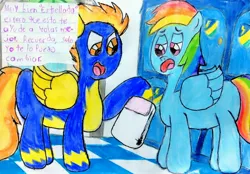 Size: 3233x2251 | Tagged: safe, artist:bitter sweetness, derpibooru import, rainbow dash, spitfire, pegasus, g4, wonderbolts academy, abdl, adult foal, clothes, diaper, diaper fetish, fetish, image, jpeg, lockers, non-baby in diaper, open mouth, open smile, orange eyes, pink eyes, smiling, spanish, spanish text, speech bubble, traditional art, translated in the description, uniform, wonderbolts, wonderbolts uniform