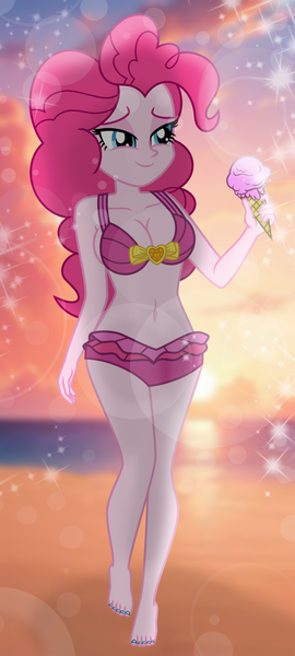 Size: 900x2000 | Tagged: safe, artist:emeraldblast63, derpibooru import, pinkie pie, equestria girls, g4, beach, belly, belly button, breasts, clothes, female, food, ice cream, ice cream cone, image, nail polish, png, solo, stupid sexy pinkie, swimsuit, toenail polish