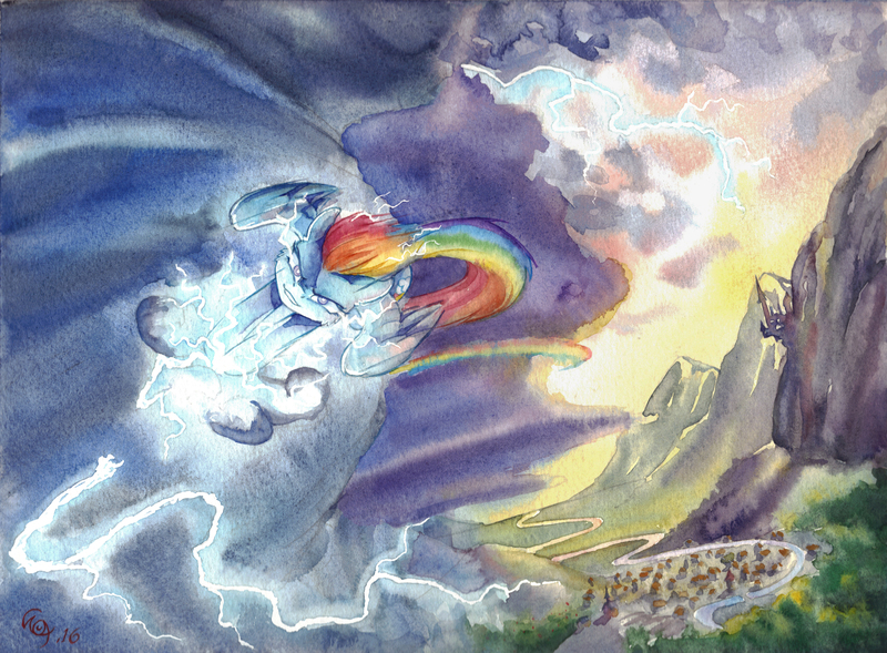 Size: 6880x5063 | Tagged: safe, artist:the-wizard-of-art, derpibooru import, rainbow dash, pegasus, pony, g4, absurd resolution, canterlot, cloud, female, flying, image, jpeg, lightning, mare, mountain, outdoors, rainbow trail, river, scenery, signature, sky, solo, spread wings, traditional art, water, watercolor painting, wings