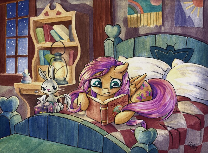 Size: 3411x2507 | Tagged: safe, artist:the-wizard-of-art, derpibooru import, angel bunny, fluttershy, pegasus, pony, rabbit, g4, animal, bed, book, crying, duo, duo male and female, female, floppy ears, folded wings, high res, image, indoors, jpeg, laying on bed, lip bite, lying down, male, mare, night, on bed, prone, reading, tail, teary eyes, tissue, tissue box, traditional art, watercolor painting, wings