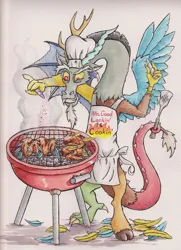 Size: 5093x7018 | Tagged: semi-grimdark, artist:the-wizard-of-art, derpibooru import, discord, draconequus, g4, absurd resolution, apron, barbeque, chef, chef's hat, clothes, cooking, cooking vore, feather, food, grill, hat, image, implied fluttershy, implied rainbow dash, implied rarity, implied twilight sparkle, implied vore, jpeg, male, solo, spread wings, traditional art, watercolor painting, wings