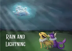 Size: 1063x752 | Tagged: source needed, safe, artist:littletigressda, derpibooru import, sassaflash, sea swirl, seafoam, jolteon, vaporeon, fanfic, fanfic:rain and lightning, fanfic:twilight sparkle is an espeon now, cloudsdale, duo, fanfic art, fanfic cover, female, image, png, pokémon, species swap, text