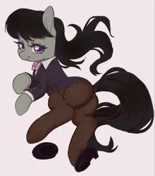 Size: 1803x2048 | Tagged: safe, artist:rirurirue, derpibooru import, octavia melody, earth pony, pony, g4, businessmare, butt, clothes, female, frog (hoof), high heels, image, jpeg, lidded eyes, looking at you, mare, pantyhose, plot, shoes, simple background, smiling, smiling at you, solo, treblebutt, underhoof, white background