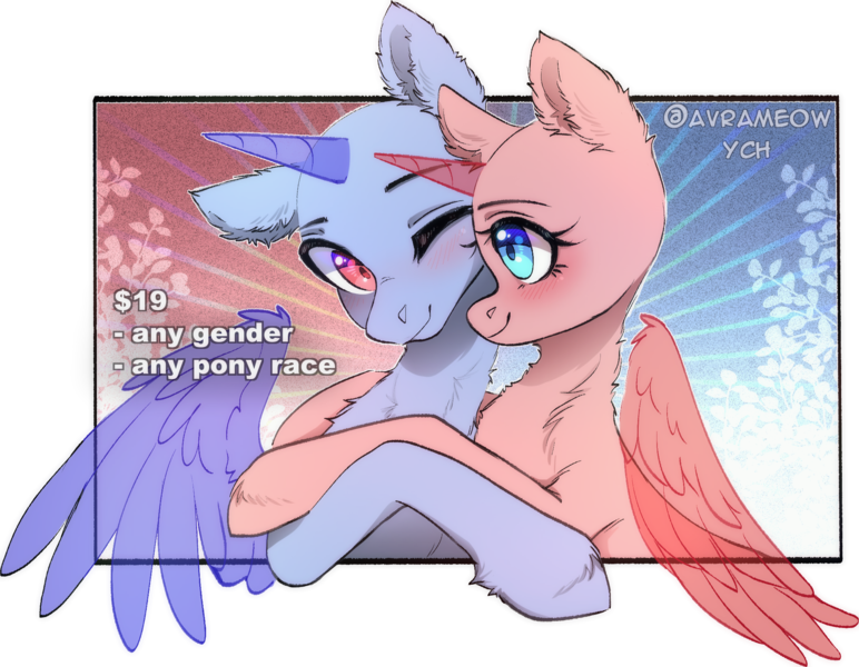 Size: 2131x1657 | Tagged: safe, artist:avrameow, derpibooru import, pony, any gender, any race, colt, commission, couple, female, foal, image, male, mare, png, romantic, slots, your character here