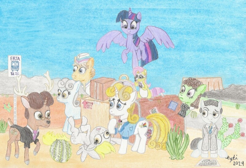 Size: 1604x1098 | Tagged: safe, artist:opti, derpibooru import, derpy hooves, fluttershy, starlight glimmer, twilight sparkle, twilight sparkle (alicorn), oc, oc:broadside barb, oc:calpain, oc:fair use, oc:guiding light, oc:starlight oath, alicorn, deer, deer pony, earth pony, hybrid, original species, pegasus, raccoon, unicorn, unideer, atg 2024, box, bus stop, cactus, confused, desert, earth pony oc, flying, horn, image, jpeg, lost, lying down, newbie artist training grounds, on back, screw, sheet music, sitting, species swap, suitcase, traditional art, unicorn oc