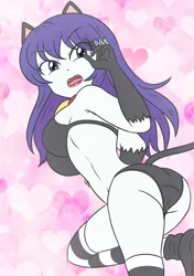 Size: 1445x2048 | Tagged: suggestive, artist:sumin6301, derpibooru import, rarity, cat, human, equestria girls, g4, abstract background, anatomically incorrect, ass, bell, black underwear, boobs and butt pose, breasts, busty rarity, butt, cat bell, catgirl, clothes, collar, eye clipping through hair, eyebrows, eyebrows visible through hair, female, gloves, heart, heart background, image, looking back, open mouth, panties, png, raricat, rearity, sideboob, socks, solo, solo female, striped socks, thigh highs, underwear