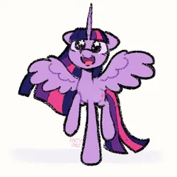 Size: 1024x1024 | Tagged: safe, artist:starrymysteryy, derpibooru import, twilight sparkle, twilight sparkle (alicorn), alicorn, pony, g4, cute, female, horn, image, mare, open mouth, open smile, png, signature, simple background, smiling, solo, spread wings, standing on two hooves, starry eyes, twiabetes, white background, wingding eyes, wings