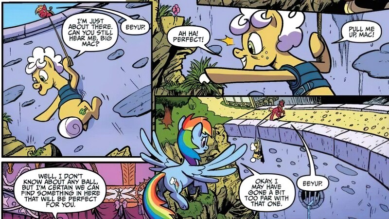 Size: 2068x1162 | Tagged: safe, artist:pencils, derpibooru import, idw, big macintosh, goldie delicious, rainbow dash, earth pony, pegasus, pony, g4, spoiler:comic, spoiler:comic70, dam, image, jpeg, official comic, rappelling, rope