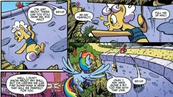 Size: 2068x1162 | Tagged: safe, artist:pencils, derpibooru import, idw, big macintosh, goldie delicious, rainbow dash, earth pony, pegasus, pony, g4, spoiler:comic, spoiler:comic70, dam, image, jpeg, official comic, rappelling, rope