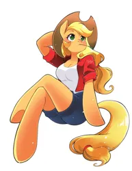 Size: 1582x2048 | Tagged: safe, artist:nekoshiei, derpibooru import, applejack, anthro, earth pony, g4, anatomically incorrect, applejack's hat, arm hooves, blushing, breasts, clothes, cowboy hat, crossed legs, denim, denim shorts, female, freckles, hairband, hat, image, incorrect leg anatomy, jacket, png, shirt, shorts, signature, simple background, sitting, solo, straw in mouth, white background, white pupils