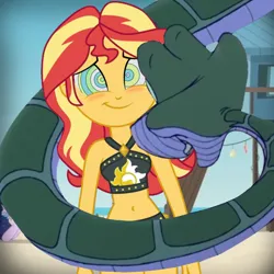 Size: 1000x1000 | Tagged: safe, artist:ticklehypno, derpibooru import, edit, edited screencap, screencap, sunset shimmer, human, snake, equestria girls, g4, beach, blushing, clothes, coils, cute, duo, female, hypno eyes, hypnosis, hypnotized, image, kaa, kaa eyes, male, png, swimsuit