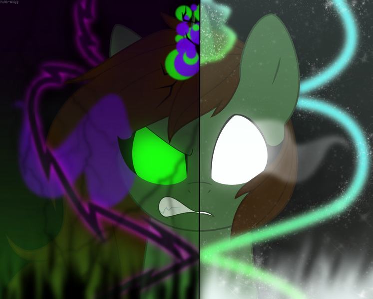 Size: 1080x867 | Tagged: safe, artist:faith-wolff, derpibooru import, oc, oc:gentle heart, pony, unicorn, black background, dark magic, eye mist, glow, glowing eyes, horn, image, magic, png, simple background, solo, sombra eyes, two sided posters, two sides, unicorn oc