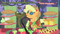 Size: 1280x720 | Tagged: safe, artist:scornedremnant, derpibooru import, edit, edited screencap, screencap, applejack, earth pony, pony, snake, g4, the best night ever, apple, applebetes, applejack's hat, clothes, cowboy hat, cute, dress, duo, female, food, freckles, gala dress, grand galloping gala, hat, hypno eyes, hypnojack, hypnosis, hypnotized, image, kaa, kaa eyes, male, mare, master, pie, png, stand