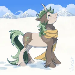 Size: 2000x2000 | Tagged: safe, artist:universalheart, derpibooru import, oc, unofficial characters only, pony, unicorn, clothes, coat markings, hoofprints, horn, image, looking up, mountain, mountain range, png, scarf, smiling, snow, solo