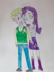 Size: 513x686 | Tagged: safe, artist:hakdurbin, derpibooru import, rarity, spike, human, equestria girls, g4, boots, clothes, cute, daaaaaaaaaaaw, duo, eyes closed, eyeshadow, female, hug, hug from behind, human spike, humanized, image, looking at each other, looking at someone, makeup, male, png, raribetes, shipping, shoes, smiling, smiling at each other, sparity, spikabetes, straight, sweet dreams fuel, wholesome