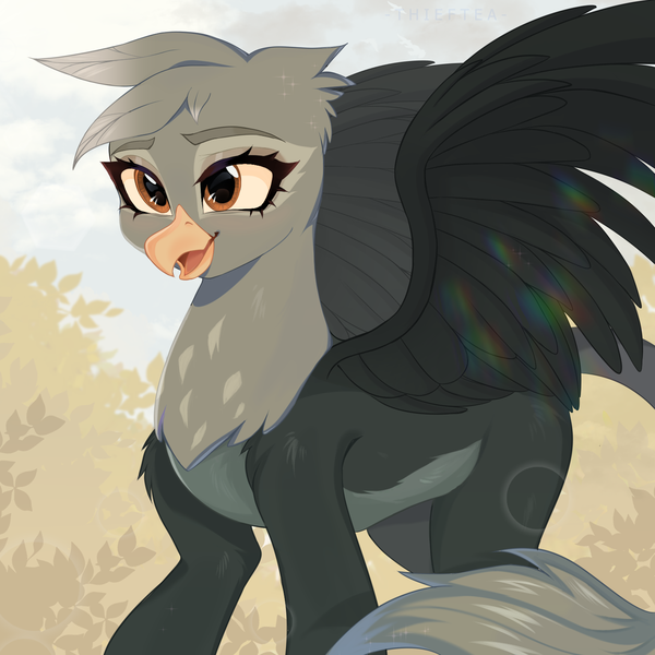 Size: 1500x1500 | Tagged: safe, artist:thieftea, derpibooru import, oc, oc:hertha appelhans, gryphon, artfight, image, png, solo, spread wings, wings