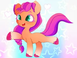 Size: 4000x3000 | Tagged: safe, alternate version, artist:zokkili, derpibooru import, sunny starscout, earth pony, pony, g4, g5, my little pony: a new generation, braid, braided ponytail, chibi, cute, eyelashes, female, heart, high res, image, jpeg, mare, open mouth, open smile, pink mane, ponytail, raised hoof, raised leg, smiling, solo, sparkly eyes, standing on two hooves, stars, sunnybetes, tail, unshorn fetlocks, wingding eyes