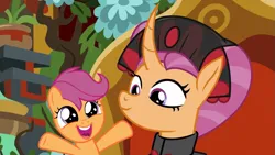 Size: 1023x576 | Tagged: artist needed, safe, anonymous artist, artist:frownfactory, derpibooru import, edit, edited screencap, screencap, sable spirit, scootaloo, pony, unicorn, campfire tales, g4, alternate universe, clothes, cute, cutealoo, daaaaaaaaaaaw, dialogue in the description, duo, empress sable spirit, female, filly, foal, horn, image, looking at each other, looking at someone, mare, mother and child, mother and daughter, open mouth, open smile, png, scootalove, smiling, smiling at each other, what if, young sable spirit